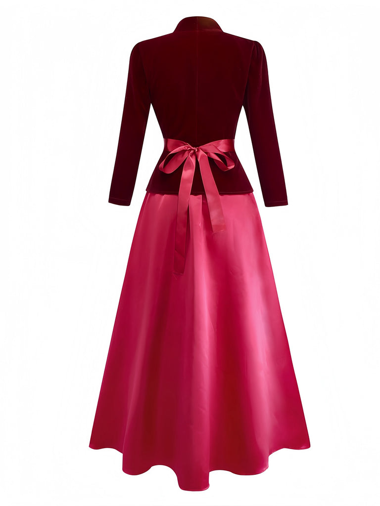2PCS Wine Red 1940s V-Neck Velvet Jacket & Skirt