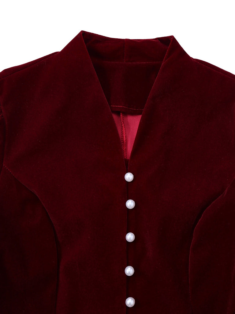 2PCS Wine Red 1940s V-Neck Velvet Jacket & Skirt