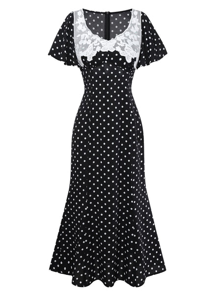 Pre-Sale] Black 1930s Lace Trim Polka Dot Dress | Retro Stage