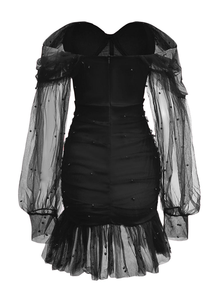 1960s Beading Sweetheart Neck Off-Shoulder Mesh Dress