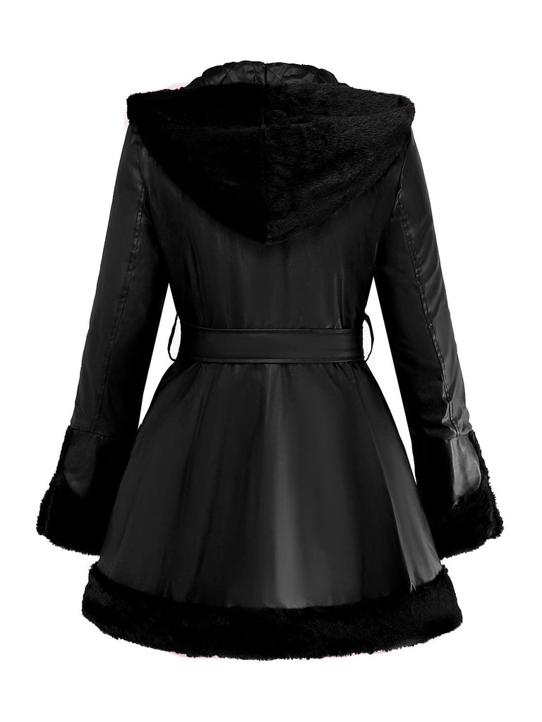 1950s Leather Fur Collar Hooded Coat