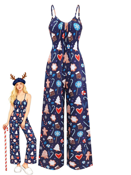 Blue 1930s Christmas Elements Printed Straps Jumpsuit Retro Stage