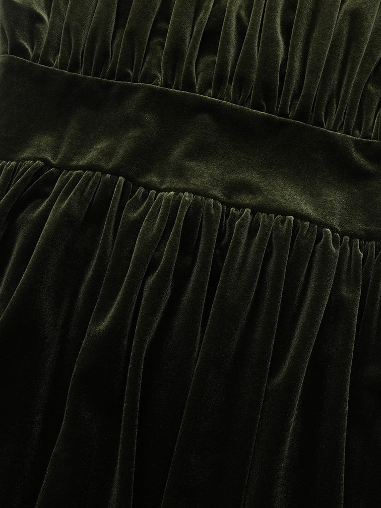 Green 1940s Velvet Deep-V Puff Sleeve Ruched Dress