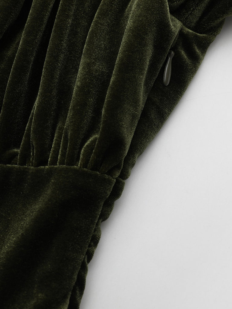 Green 1940s Velvet Deep-V Puff Sleeve Ruched Dress