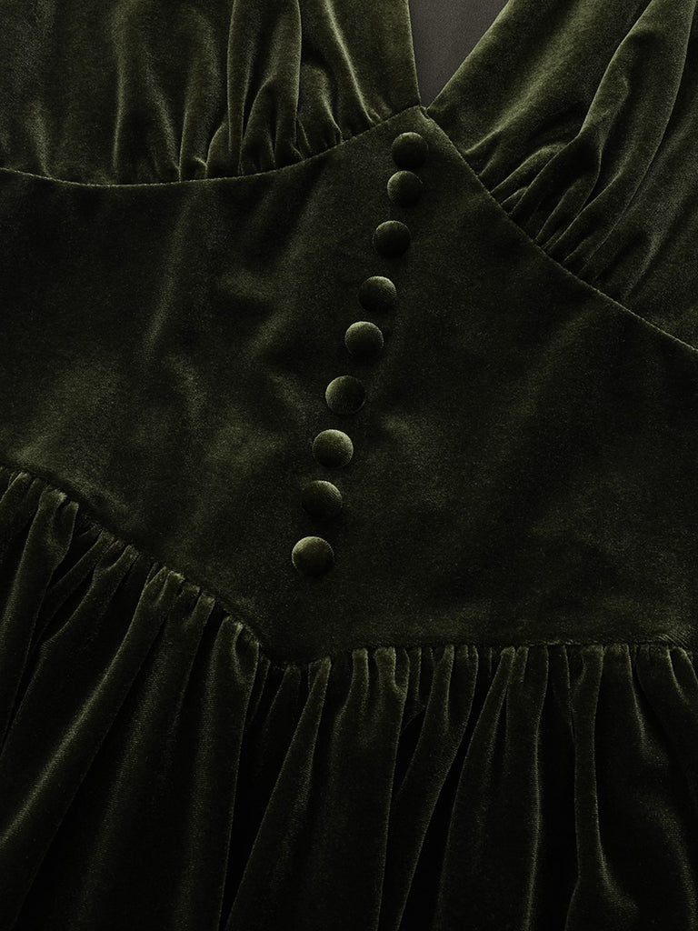 Green 1940s Velvet Deep-V Puff Sleeve Ruched Dress