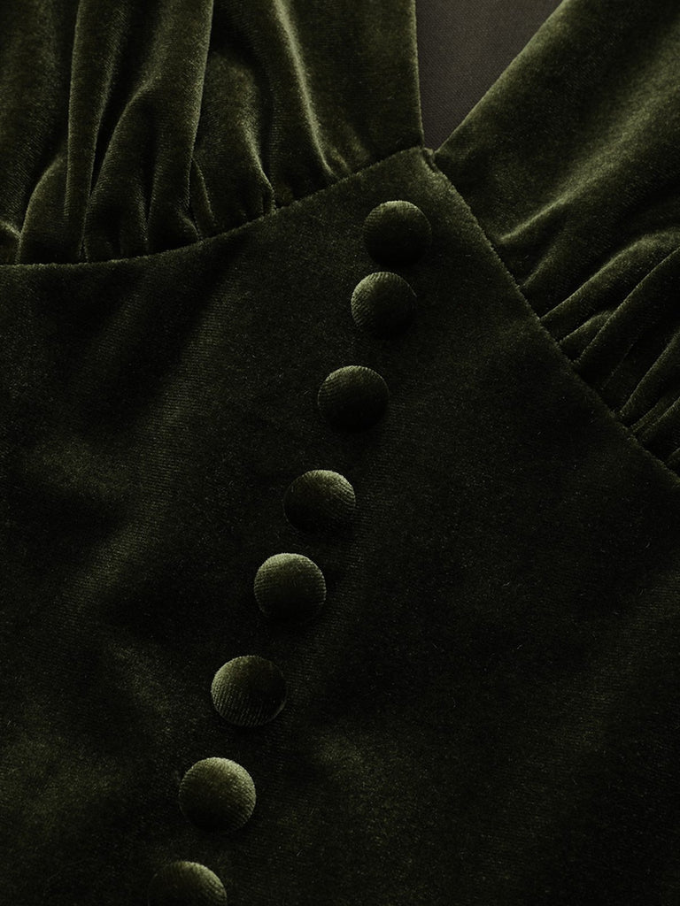 Green 1940s Velvet Deep-V Puff Sleeve Ruched Dress