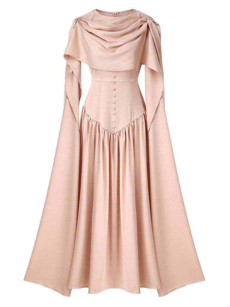 Beige 1950s Draped Renaissance Long Sleeve Maxi Dress