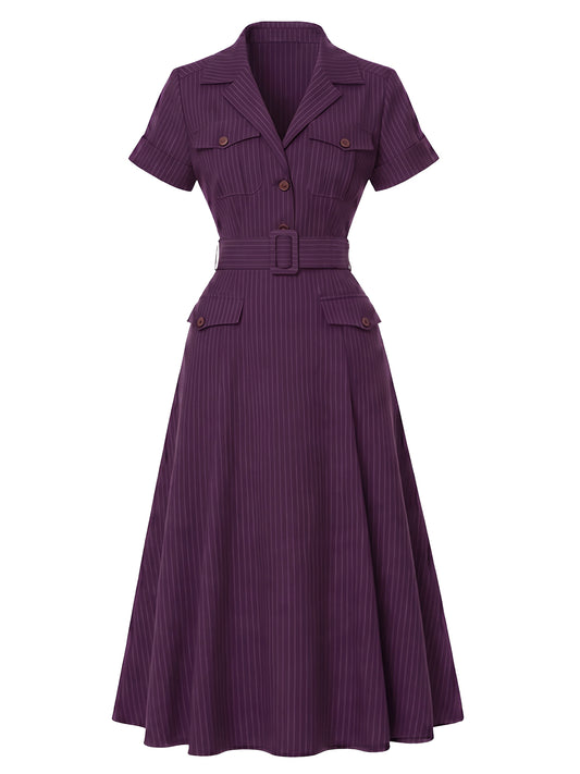 Deep Purple 1940s Pinstripe Belted Shirt Collar Midi Dress