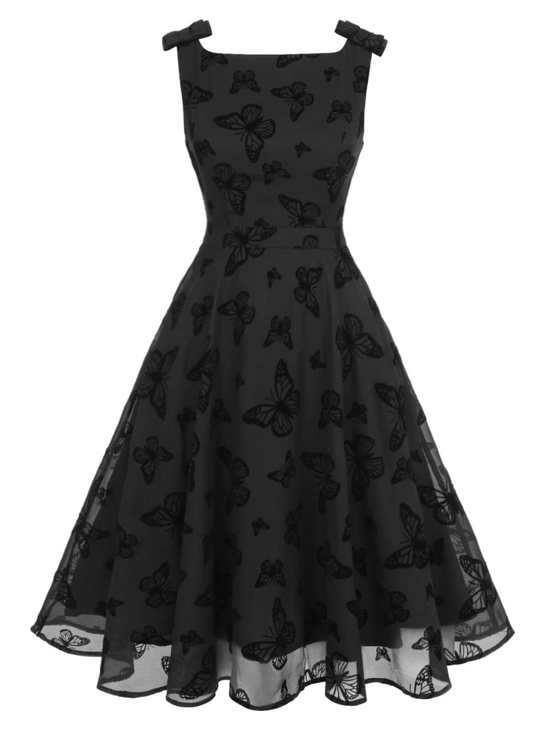 Black 1950s Butterfly Flocking Mesh Dress