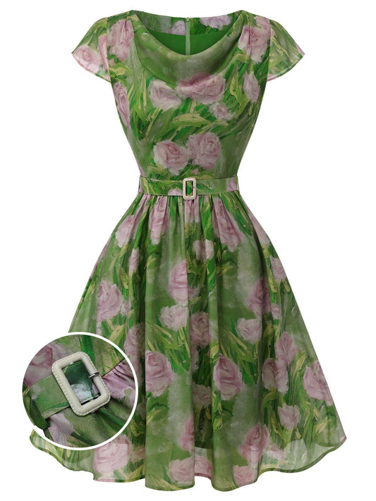 Green 1960s Oil-Painting Rose Dress