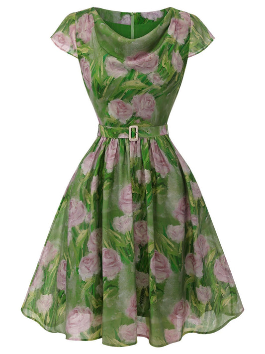 Green 1960s Oil-Painting Rose Dress