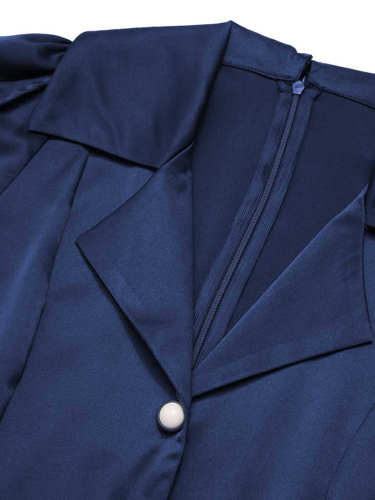 Blue 1940s Solid Short Sleeves Lapel Dress
