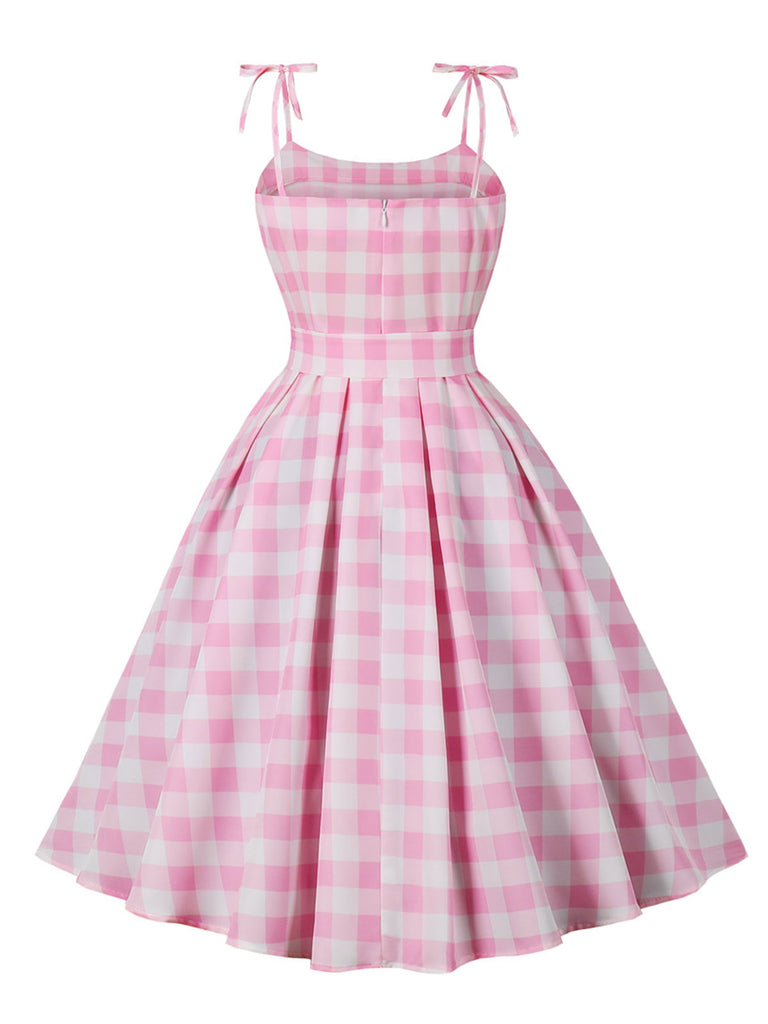 Pink 1950s Spaghetti Strap Plaid Swing Dress