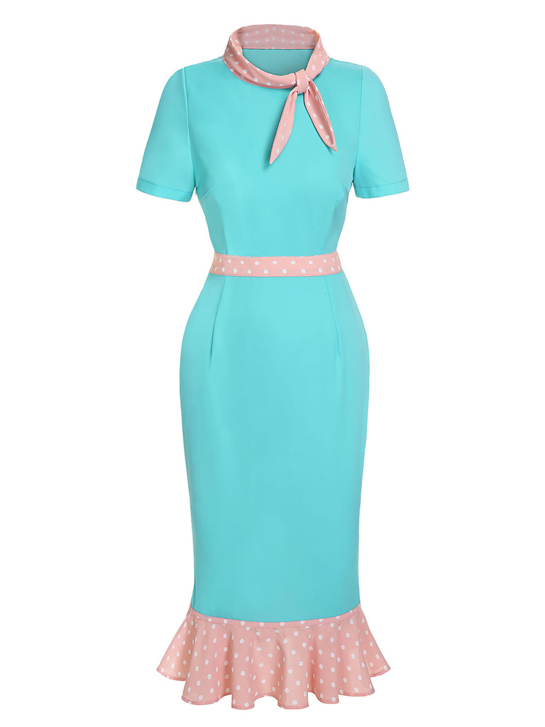 Turquoise 1930s Polka Dots Ruffles Dress