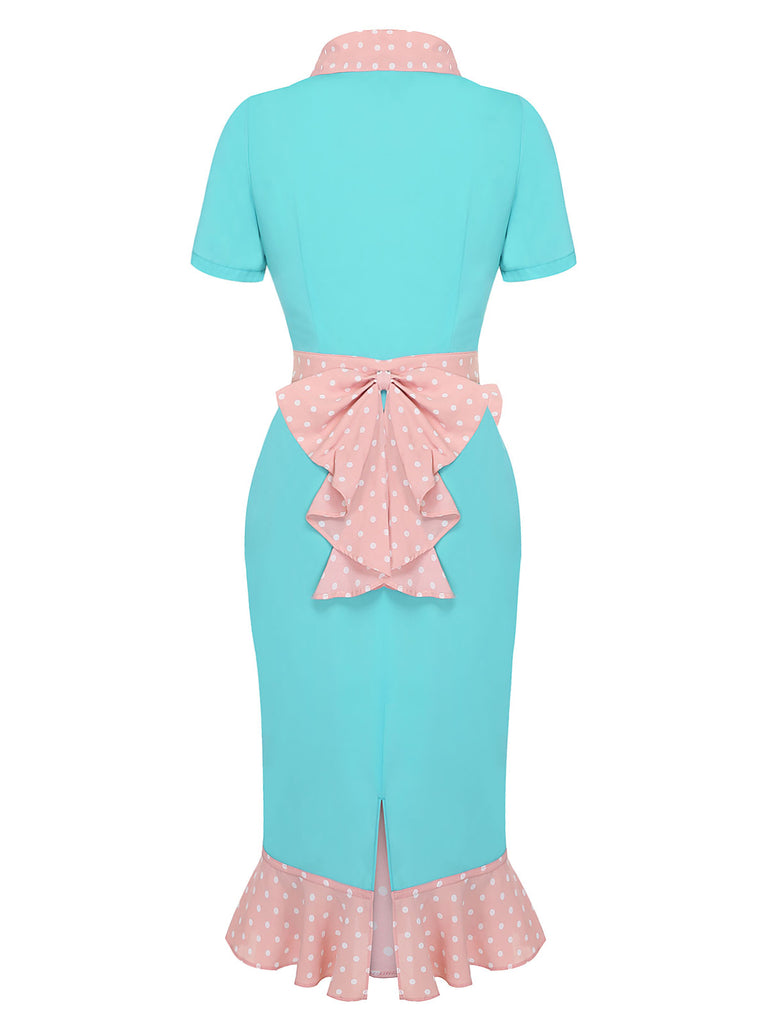 Turquoise 1930s Polka Dots Ruffles Dress