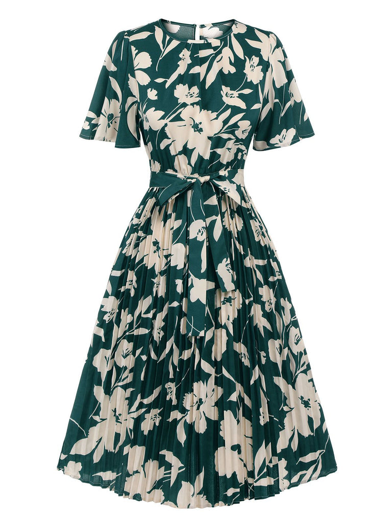 Green 1940s Floral Pleated Belt Dress