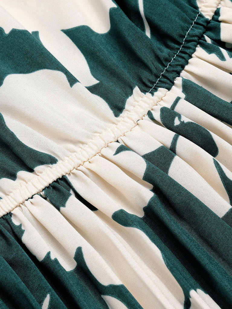 Green 1940s Floral Pleated Belt Dress