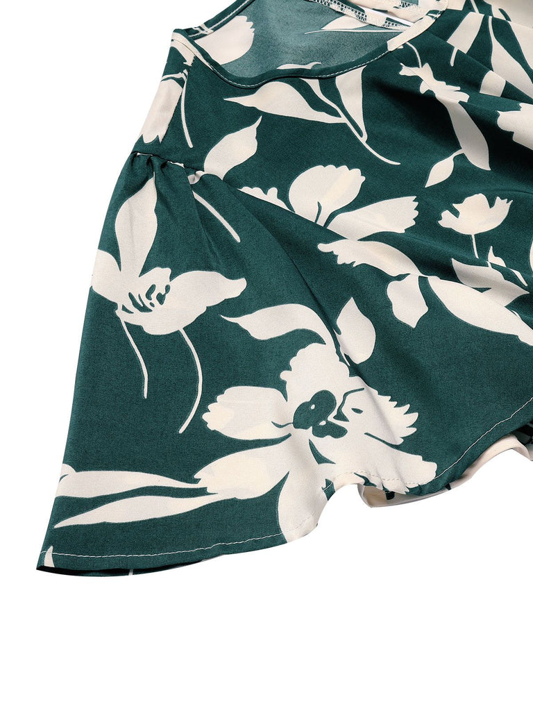 Green 1940s Floral Pleated Belt Dress