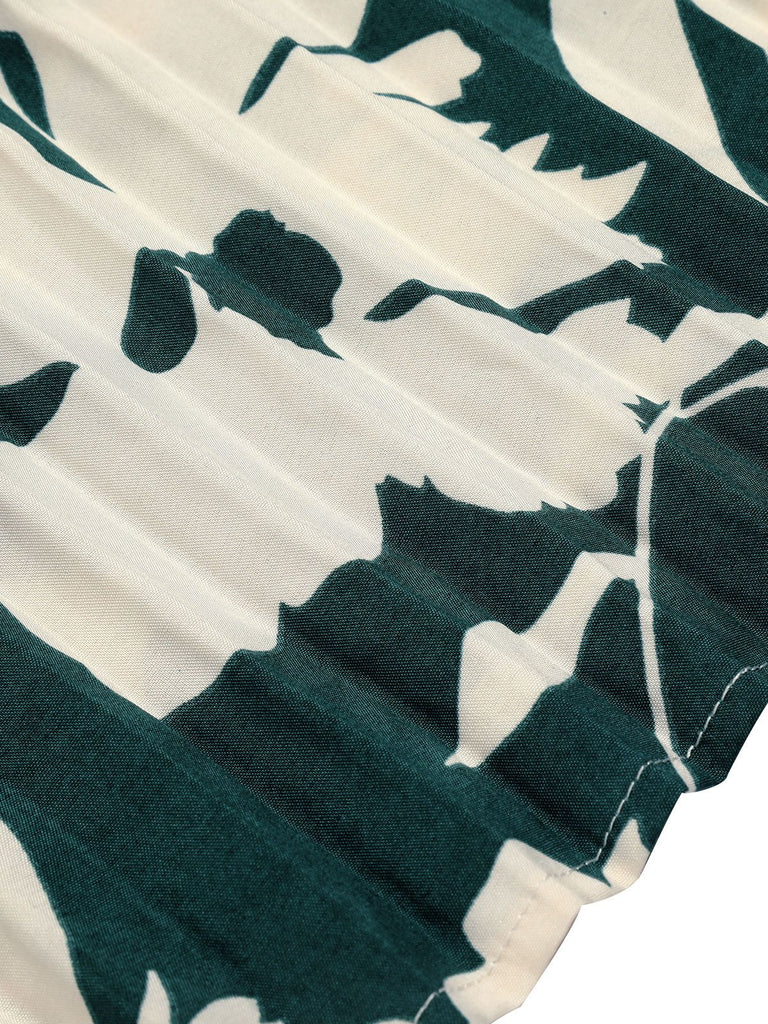 Green 1940s Floral Pleated Belt Dress