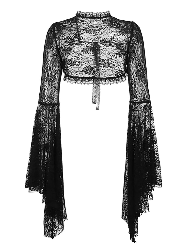 Black 1930s Halloween Lace Flare Sleeve Top