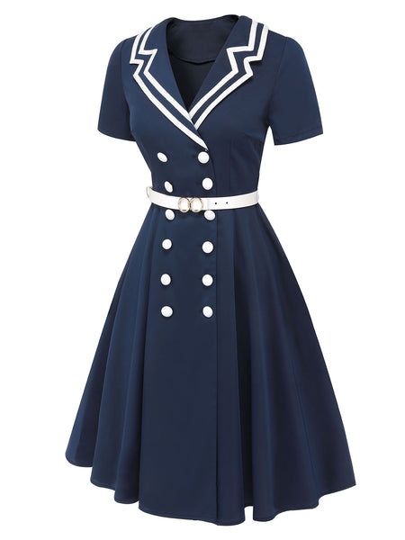 Dark Blue 1950s Sailor Style Double Breasted Dress Retro Stage - Main Image