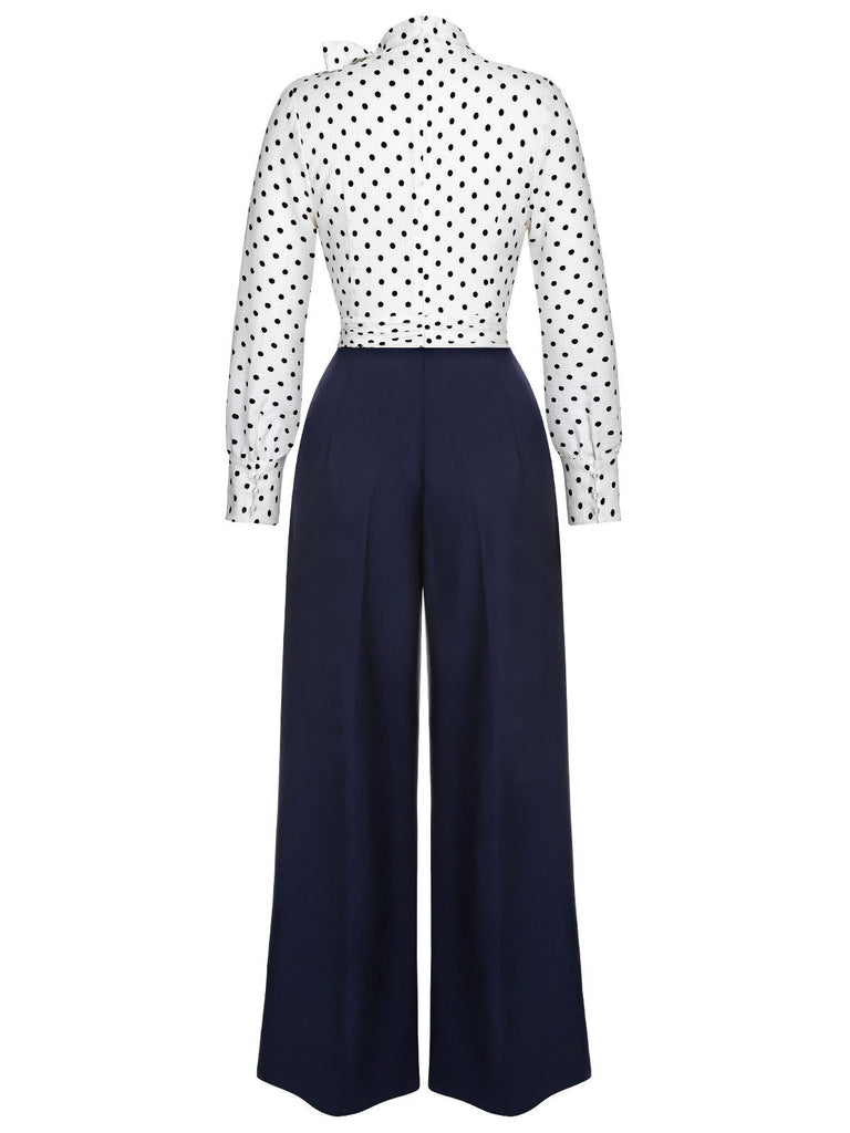 Blue & White 1930s Polka Dots Tie Neck Jumpsuit