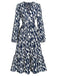 Navy Blue 1930s Geometric Printed V-Neck Dress