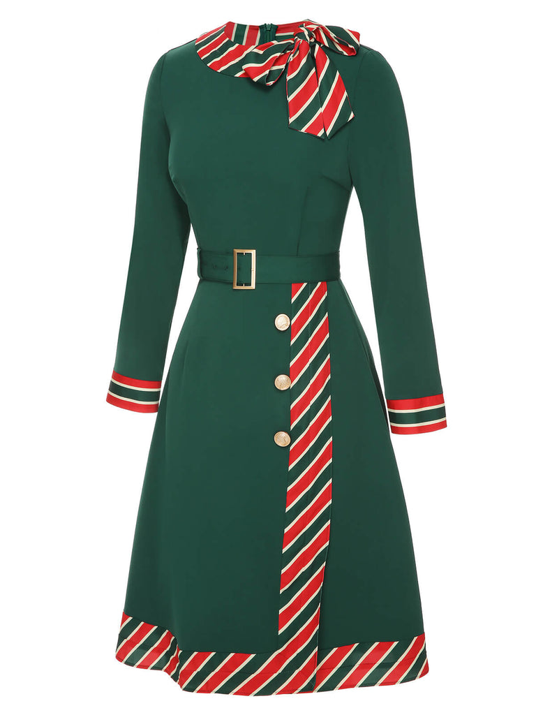 Green 1940s Stripe Patchwork Dress With Belt
