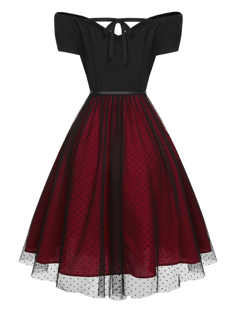 Wine Red 1950s Polka Dots Drop Shoulder Belt Dress