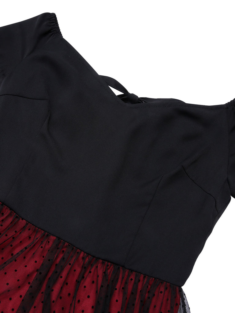 Wine Red 1950s Polka Dots Drop Shoulder Belt Dress