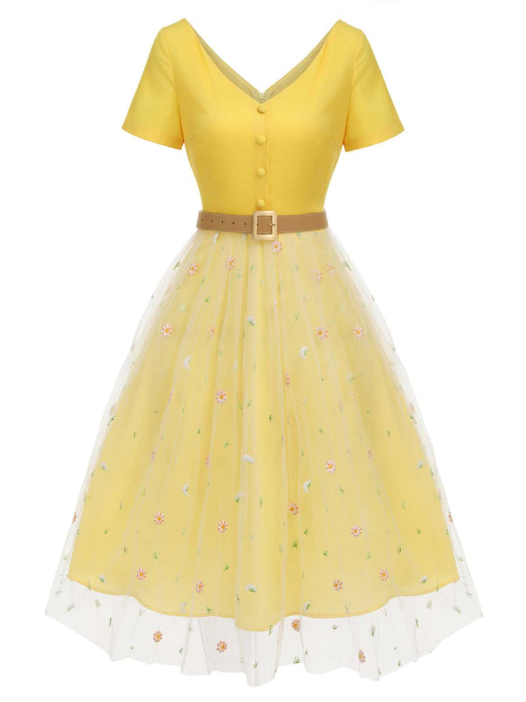 Yellow 1950s V-Neck Daisy Mesh Dress