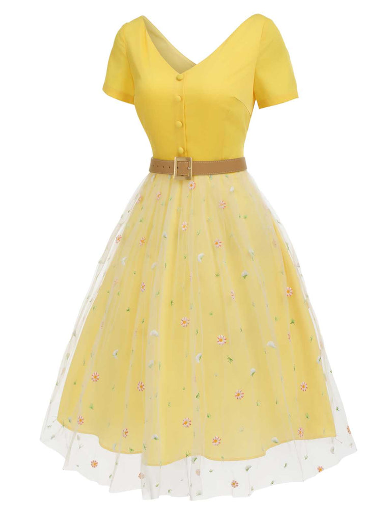 Yellow 1950s V-Neck Daisy Mesh Dress