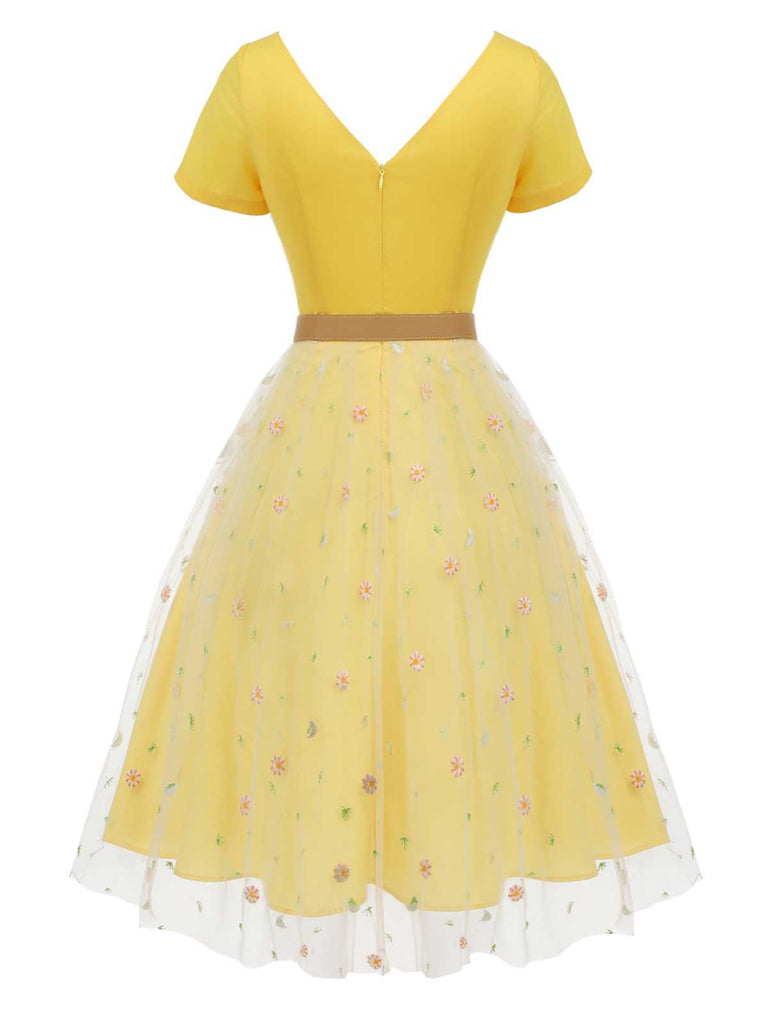 Yellow 1950s V-Neck Daisy Mesh Dress