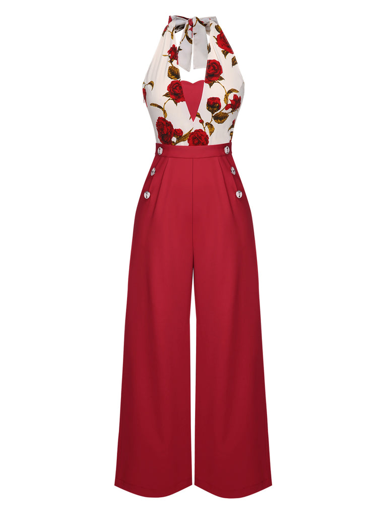 Red 1930s Halter Deep V-Neck Roses Jumpsuit