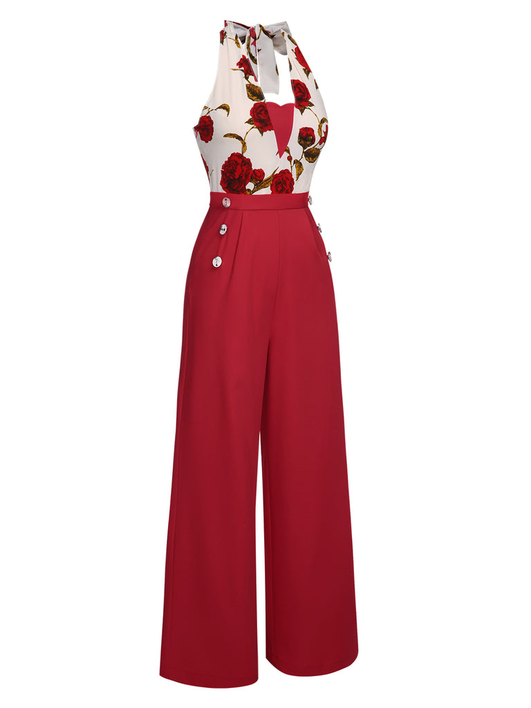 Red 1930s Halter Deep V-Neck Roses Jumpsuit