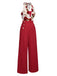 Red 1930s Halter Deep V-Neck Roses Jumpsuit