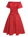 Red 1950s Off-Shoulder Polka Dots Belted Dress