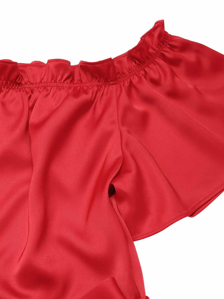 Red 1950s Off-Shoulder Polka Dots Belted Dress