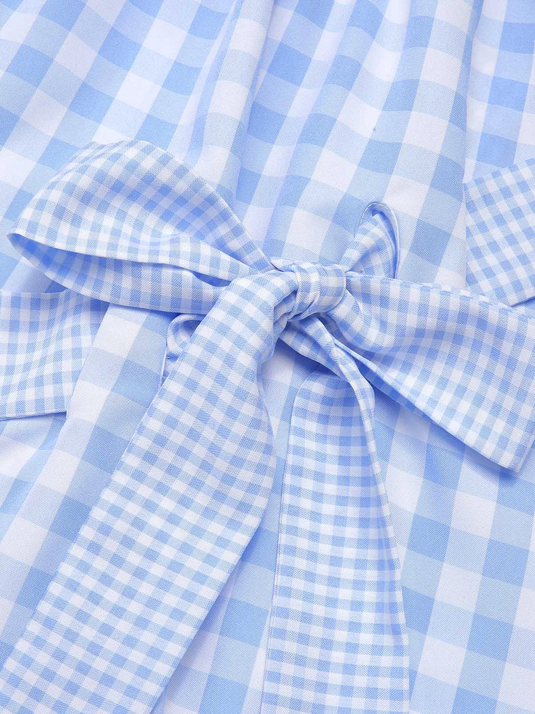 Blue 1950s Spaghetti Strap Plaids Bow Decor Dress