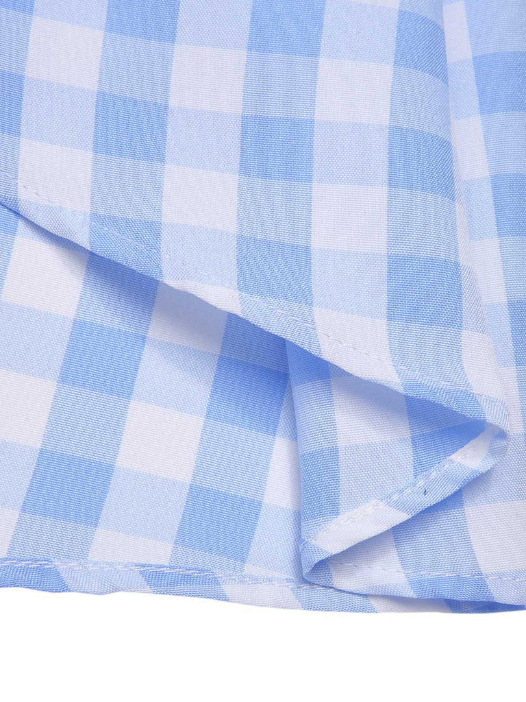 Blue 1950s Spaghetti Strap Plaids Bow Decor Dress