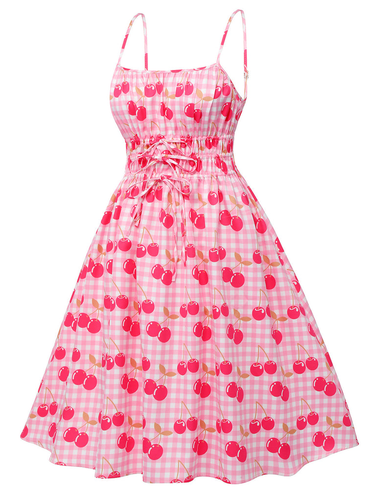 Pink 1950s Cherry Spaghetti Strap Dress