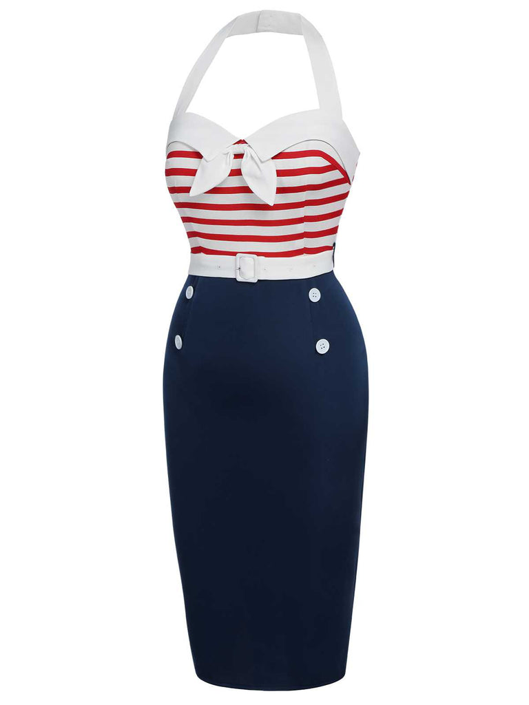 1960s Halter Stripes Bow Belted Dress