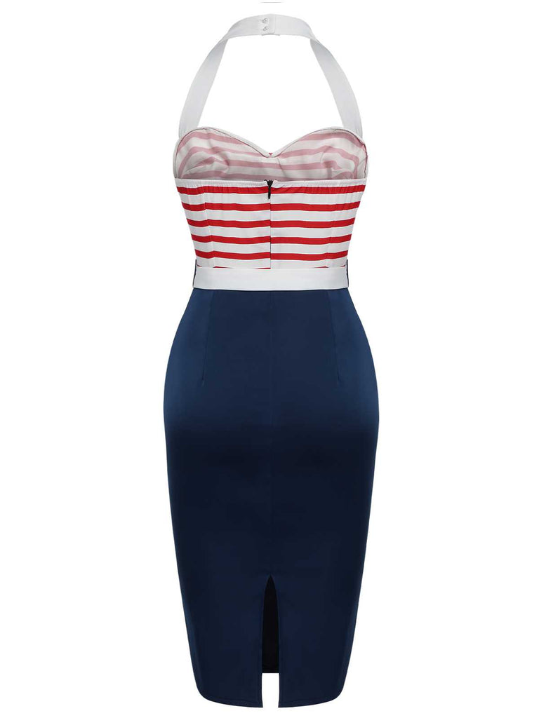 1960s Halter Stripes Bow Belted Dress