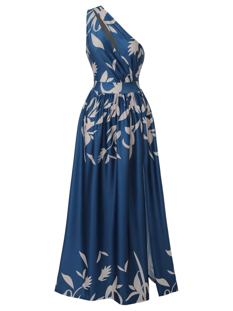 Blue 1940s One-Shoulder Plants Slit Dress