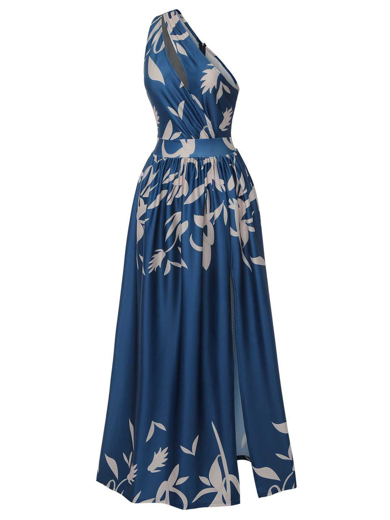 Blue 1940s One-Shoulder Plants Slit Dress