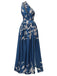 Blue 1940s One-Shoulder Plants Slit Dress