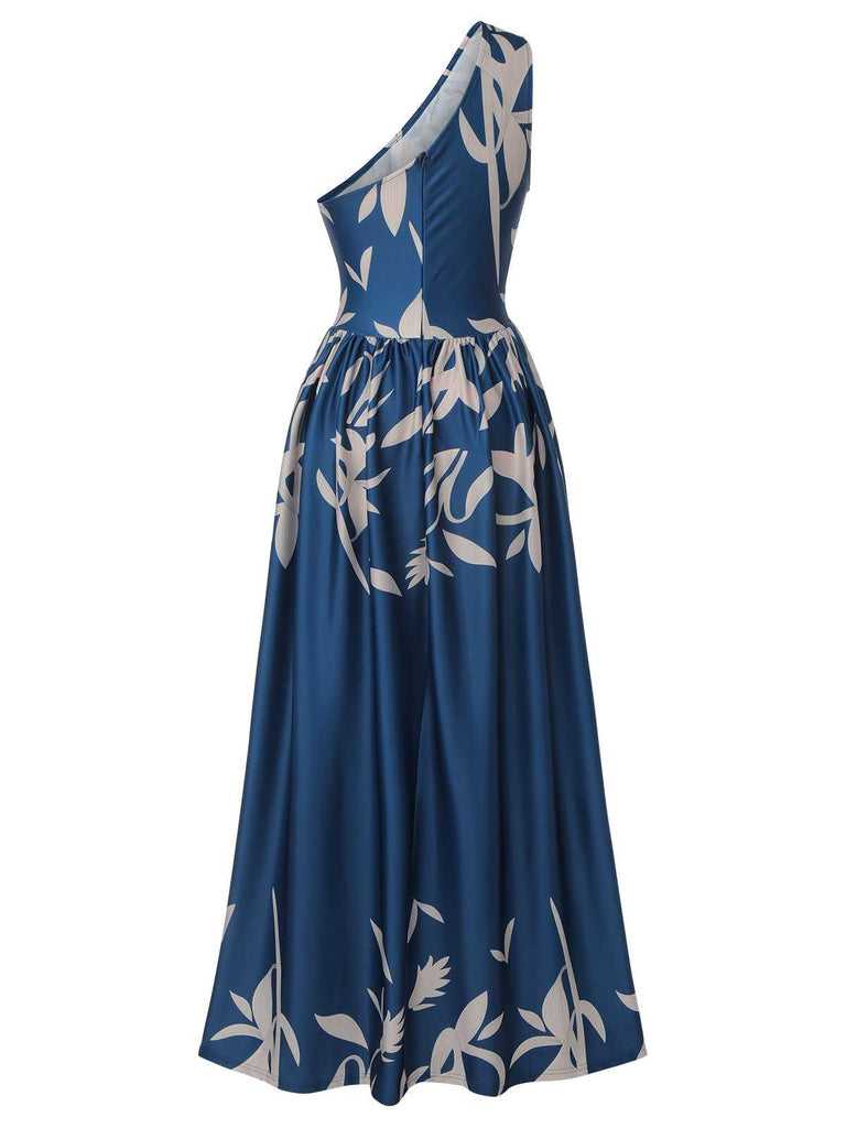 Blue 1940s One-Shoulder Plants Slit Dress