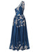 Blue 1940s One-Shoulder Plants Slit Dress
