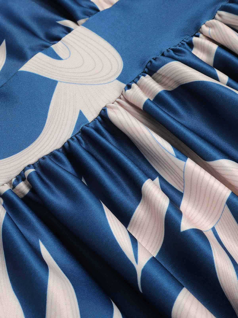 Blue 1940s One-Shoulder Plants Slit Dress