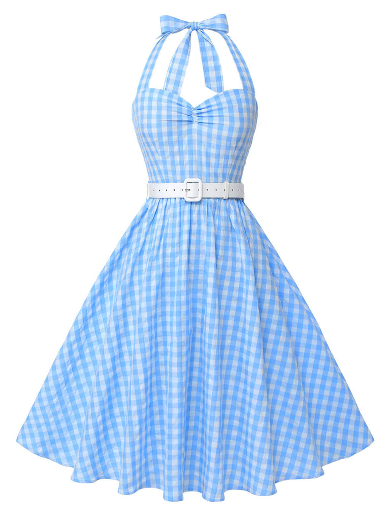 Light Blue 1950s Plaid Halter Swing Dress